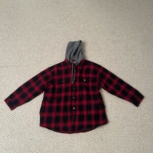 XXL Craftsman Flannel Hoodie Sweatshirt Snap Up Red and Black Plaid Jacket Coat